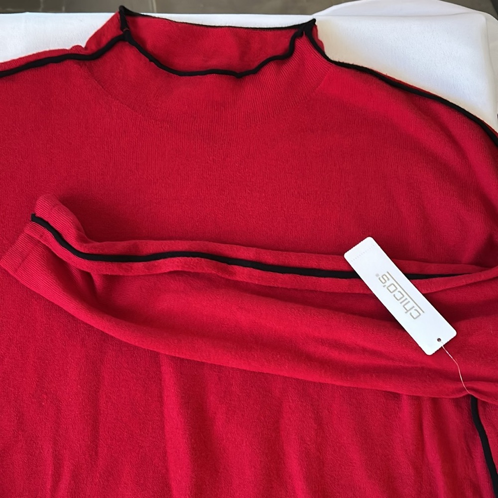 Chicos Red Lightweight Mock Turtleneck Sweater with Black Piping sz 3 or 3X NWT